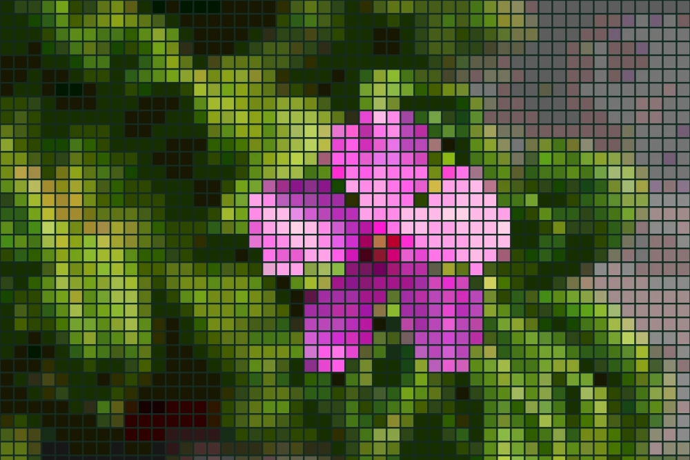 Pixelate result: Square tiles, pixel size 3%, 12 color levels, gap 12%, dark green gap color; Normal blend at 100% opacity.