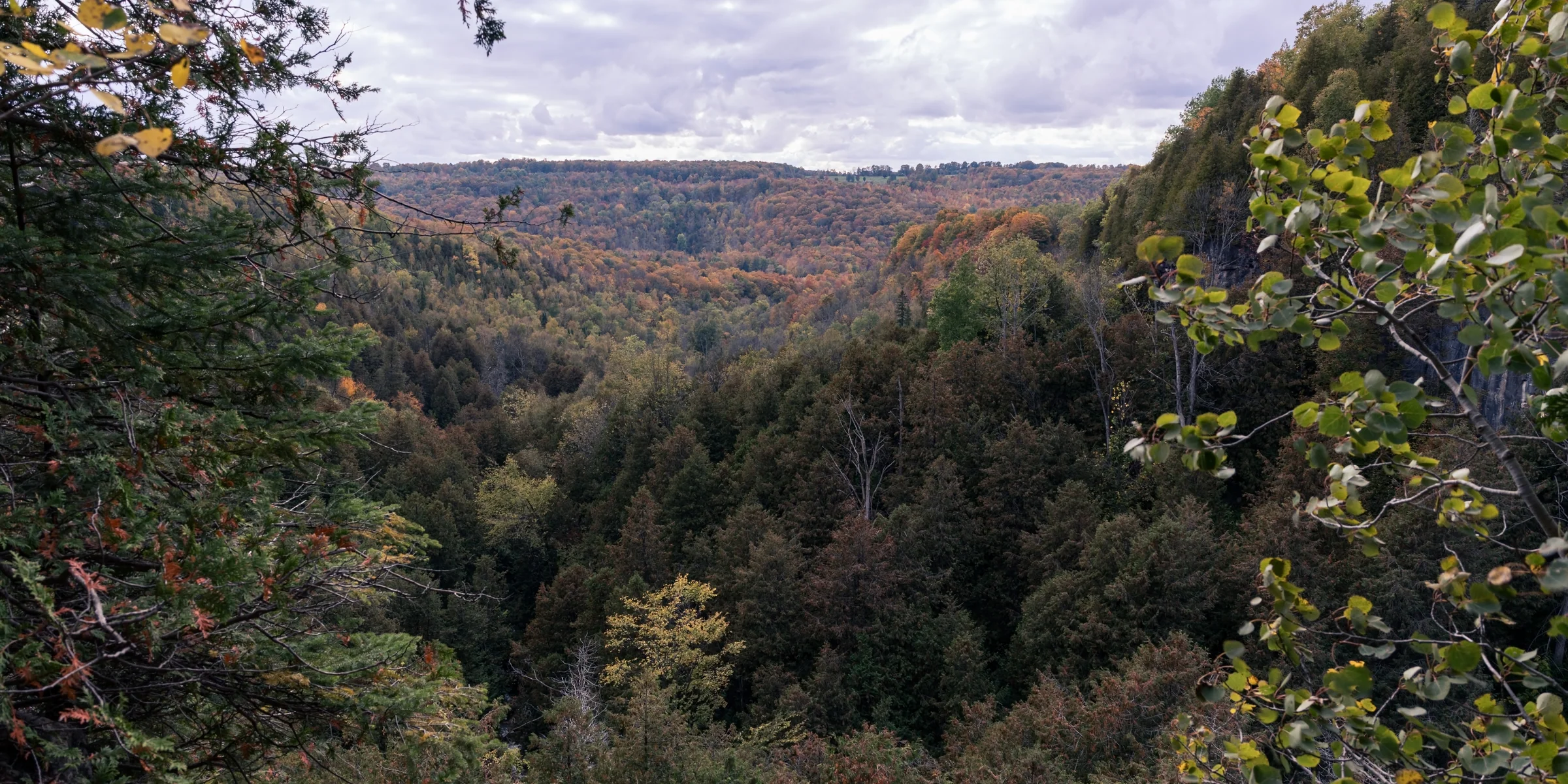 A broad wooded valley displays autumn colours between rocky slopes beneath a cloudy sky.