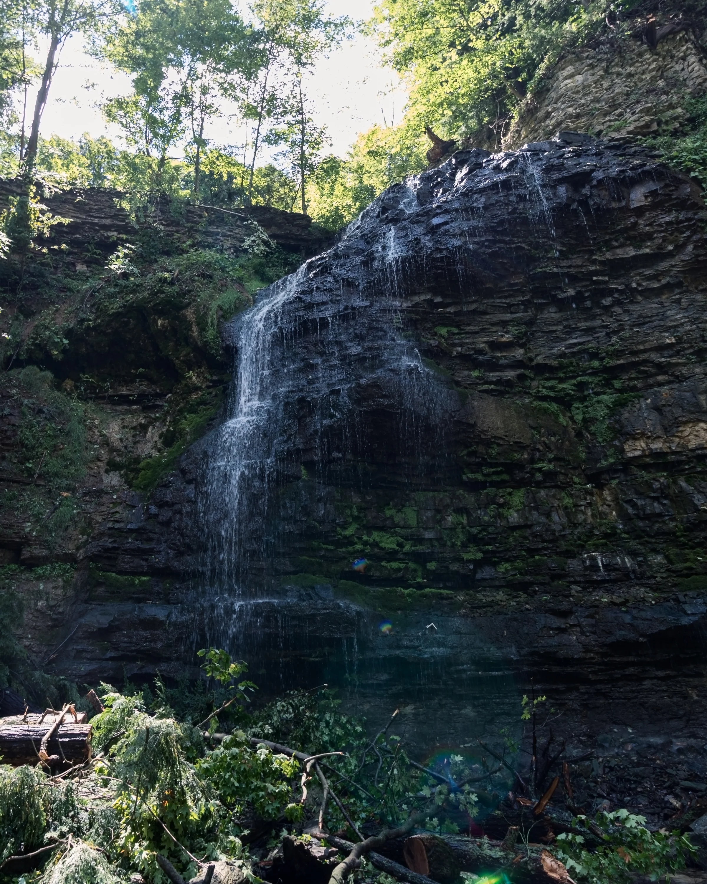 A slender waterfall drops down a layered rock face surrounded by sunlit trees.