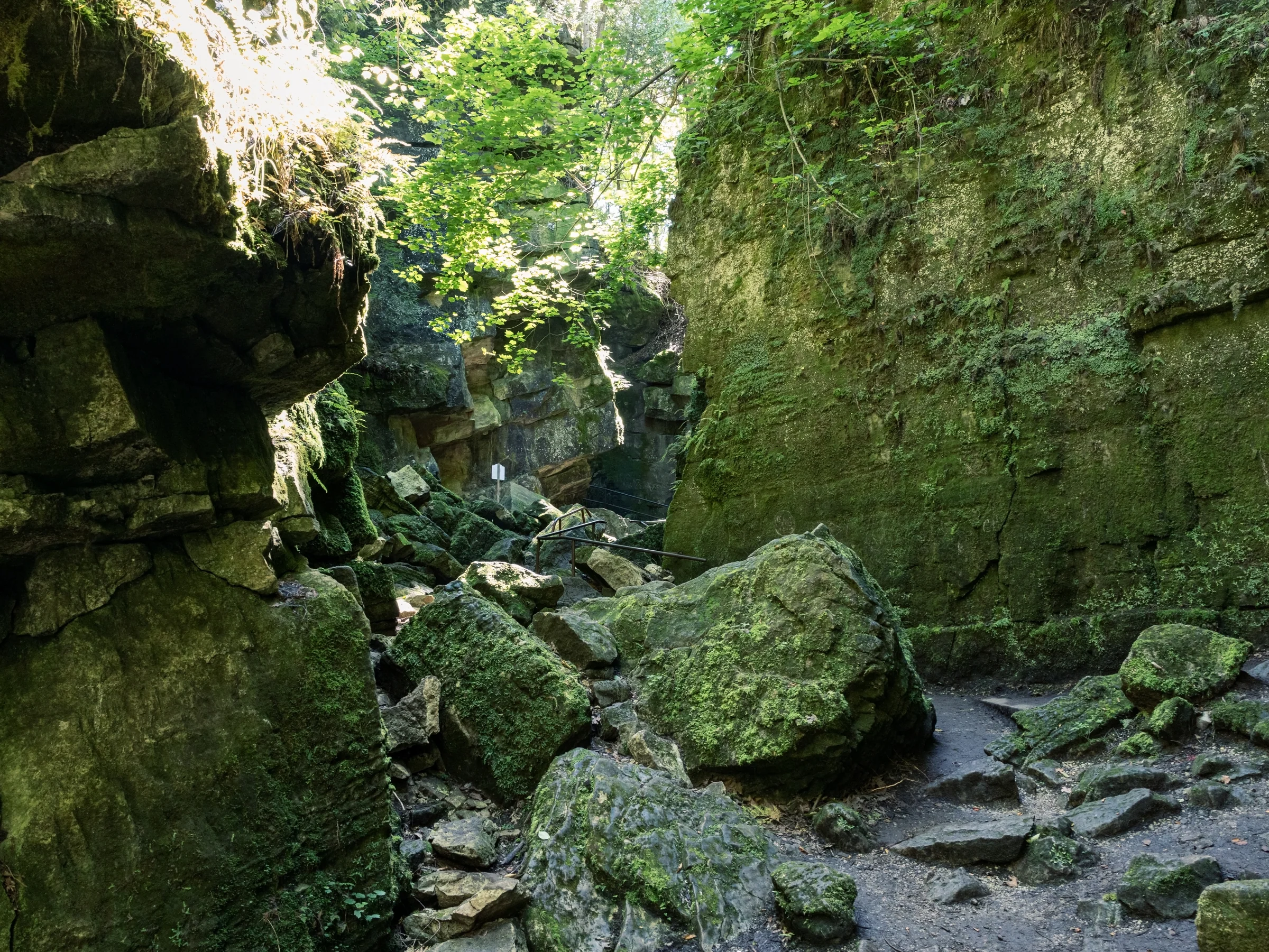 A rocky footpath winds between massive moss-covered blocks of weathered stone.