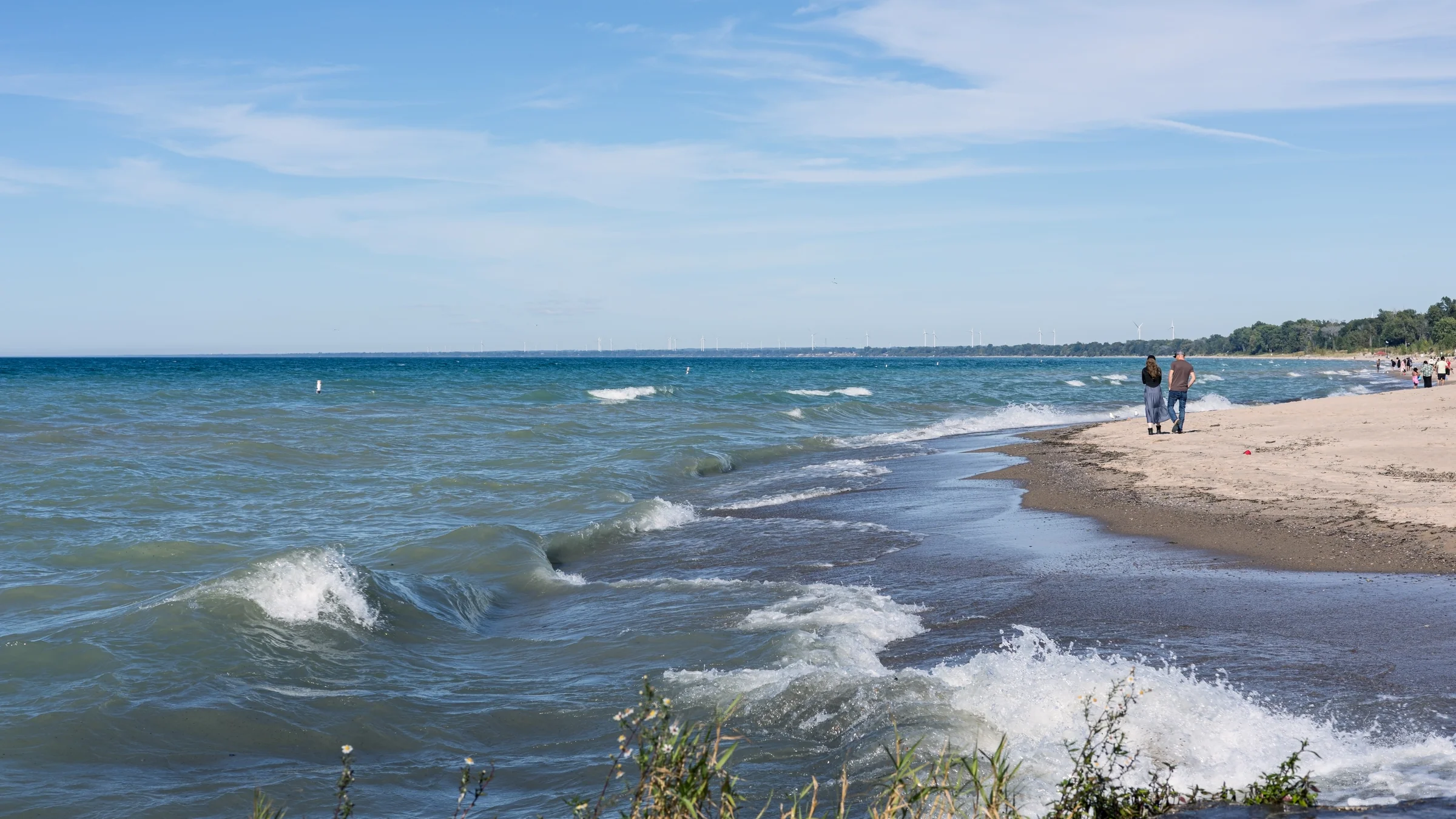 A small wave curls toward a sandy beach beneath clear blue sky.