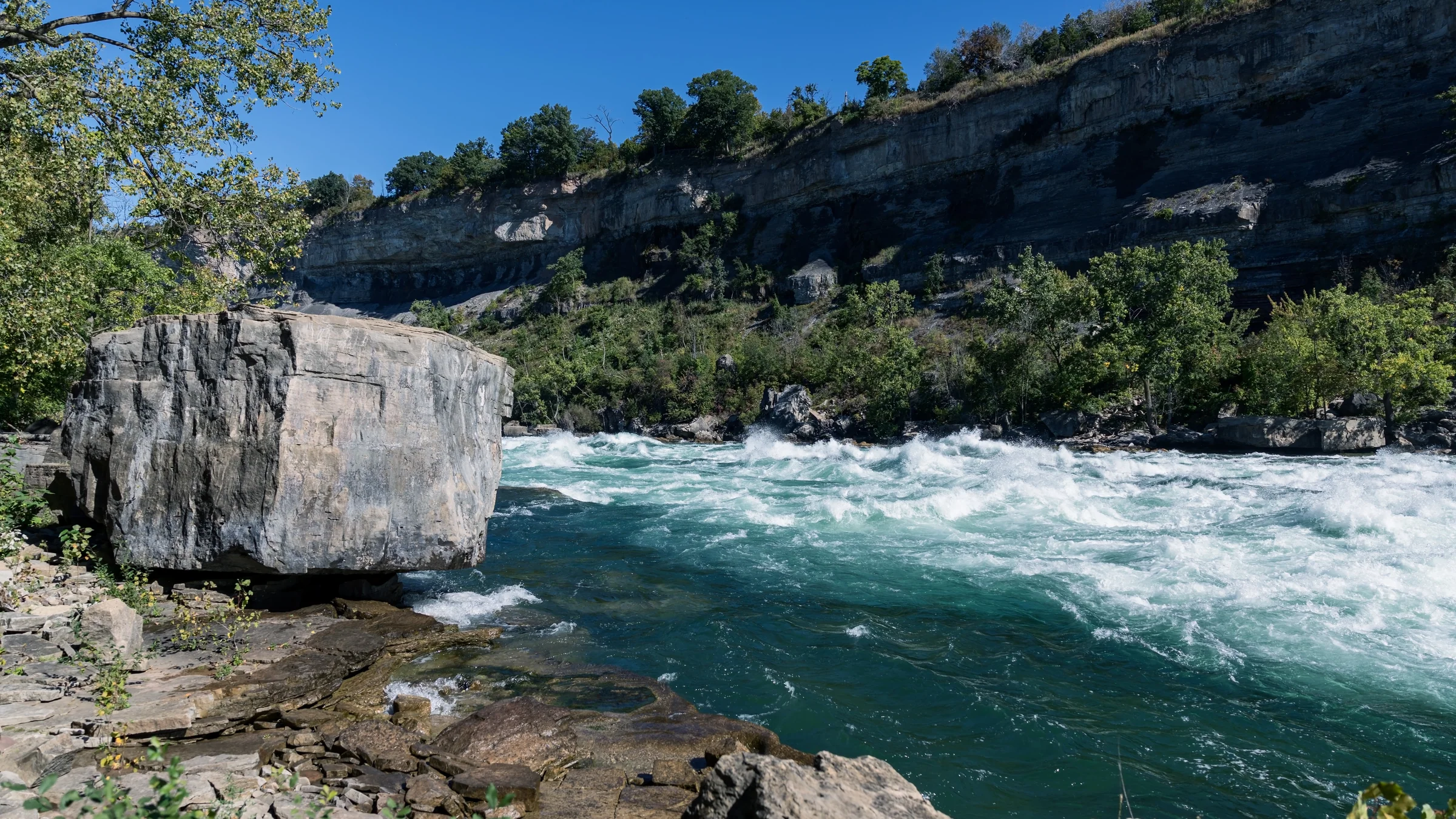 Turquoise rapids surge past a large boulder beneath wooded cliff walls.